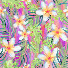 Watercolor tropical flowers seamless pattern