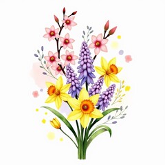 Obraz premium Vibrant Spring Bouquet Watercolor Daffodils Hyacinths and Pink Cherry Blossoms with Soft Splatter