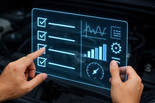 Hands Interacting with Holographic Vehicle Diagnostic Interface, Smart Car Repair, Performance Analysis & Maintenance Checklist