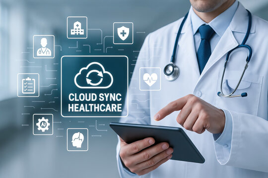 Cloud sync healthcare doctor digital tablet, network hospital, checklist patient, medical technology, data security health record hospital innovation connecting hospitals efficiently.