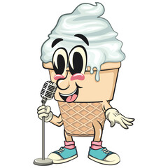 cute ice cream cone mascot cartoon vector character with waffle cone and vanilla topping on front of the mic become a stand up comedian, work of hand drawn