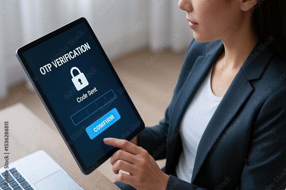 Poster otp verification security code digital tablet businesswoman authentication online technology office 