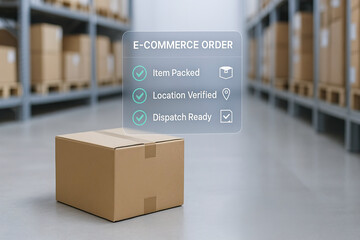 Cardboard box warehouse e commerce order shipping logistics storage and fulfillment are shown in modern warehouse with digital overlay indicating order status