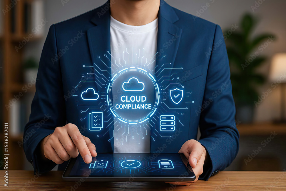 Poster cloud compliance, technology, security, and data protection concept with business professional using