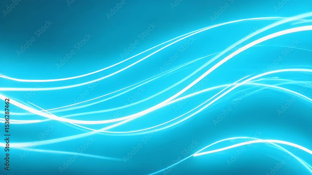 Poster flowing, blue lines with a gentle curve, illuminating with brightness against a gradient cyan backgr