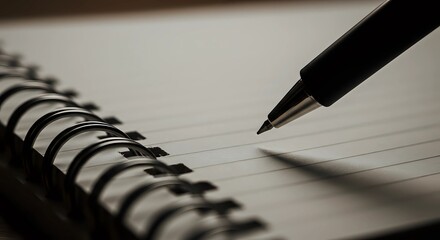 Fototapeta premium Close Up of Black Pen Poised Above Gray Lined Notebook