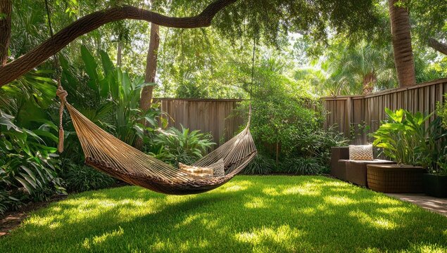 Tranquil backyard escape featuring a hammock hanging from a tree