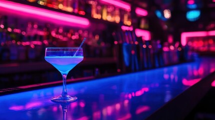 neon-lit bar interior with mocktail glass glowing under blue light