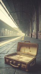 Empty suitcase on train station platform