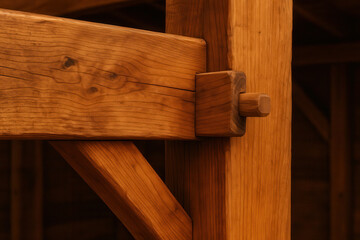 Close up of traditional wooden timber frame joinery showing mortise and tenon connection with natural grain texture indoors