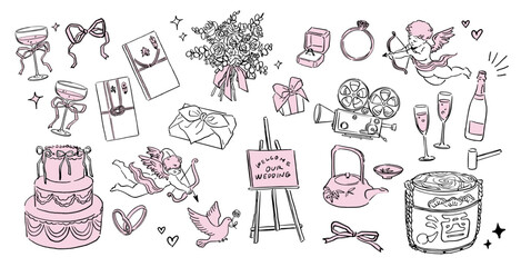 手書き風のウェディングケーキ、ご祝儀袋、お酒などの結婚式のロマンチックな落書きベクターイラストコレクション Hand drawn wedding romantic doodle vector illustration collection.