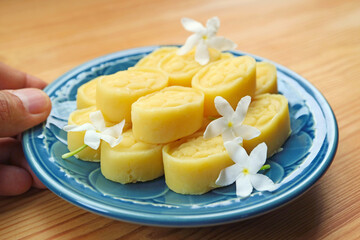 Delectable Thai Mung Bean Mold-shaped Soft Cookies Called Khanom Tua Guan