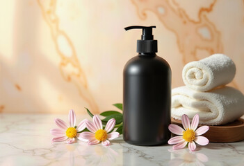 A serene spa and beauty scene with a black dispenser bottle mockup on a marble surface, elegantly styled with soft white towels and delicate pink daisy flowers.
