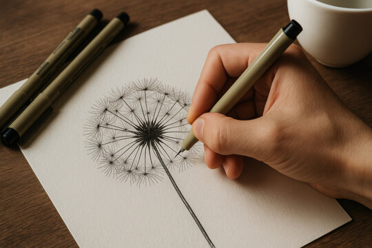 Artist hand sketching detailed dandelion flower on white paper with fine liner pens, coffee cup nearby on wooden desk