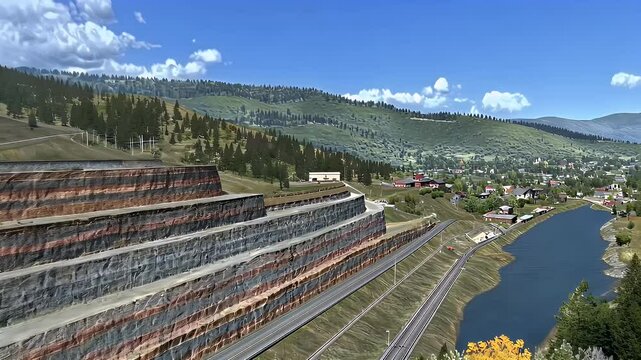 Massive open-pit mine near residential town with terraced rock layers and distant forested hills
