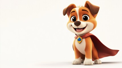 Cartoon dog with cape, smiling brightly against a stark white background