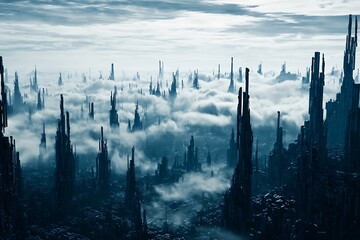 Misty futuristic city abstract tall towers
