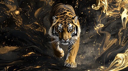 Tattooed tiger roaring in gold