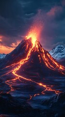 Erupting volcano with lava flow