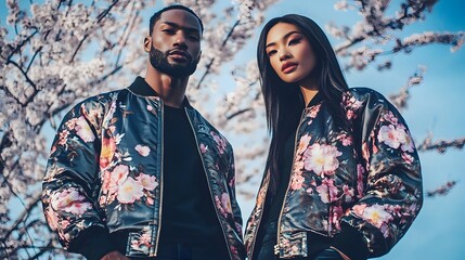 Two people wearing floral bomber jackets under a cherry blossom tree.