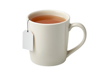 Ceramic white mug steeping herbal tea bag, warm liquid creating rich aromatic infusion against clean light background