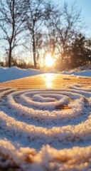 Snowy spiral on a wooden surface at sunset