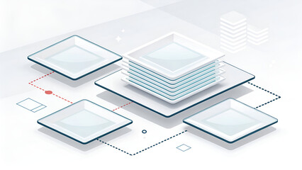 Clear isometric plates intersecting at sharp angles with soft internal reflections and overlapping shadows over neutral white-gray gradient background for data architecture and UI design themes

