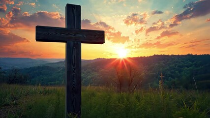Silhouette of wooden cross against vibrant sunset over serene landscape, Silhouette of wooden cross at sunset with landscape background