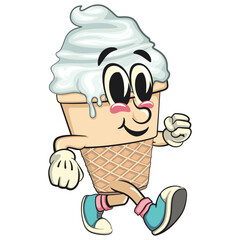 cute ice cream cone mascot cartoon vector, walking character with waffle cone and vanilla topping, work of hand drawn