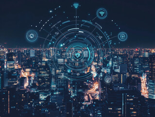 Night Cityscape with Overlayed Tech Interface Representing Smart City Technology