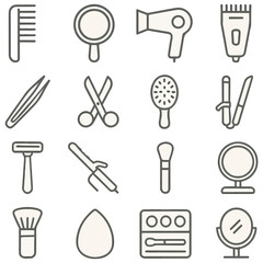 Beauty & Grooming Icon Set Hair Care, Makeup Tools, Razors, Mirrors, Combs, Flat Irons. Vector illustration. 