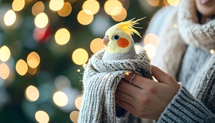 Festive Cockatiel Wrapped in Scarf Surrounded by Holiday Lights