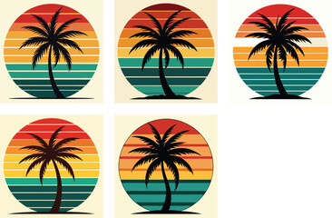 Tropical palm tree vector icons: beach sunset island paradise illustration for your summer travel and vacation design