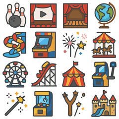 Colorful Entertainment Vector Icon Set Vector illustration of  Bowling, theater, cinema, carousel, tent, globe and more. 