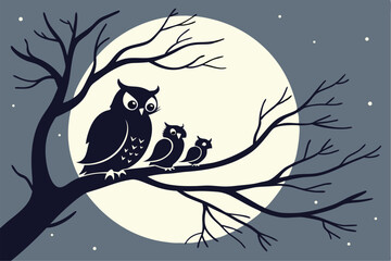 Charming owl family silhouette on a branch under a full moon, perfect for enchanting wall art, nursery decor, and nature-inspired crafts.
