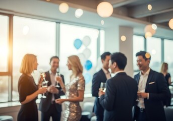 Fototapeta premium Blurred shot of business people at party in office center , business people in office with window and light bokeh effect