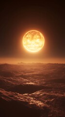 Fiery moon above martian landscape