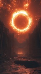 Fiery ring above deserted city