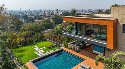 Fototapeta premium Modern house with pool and city view