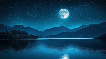 Moonlit lake nestled in mountains under a starry sky