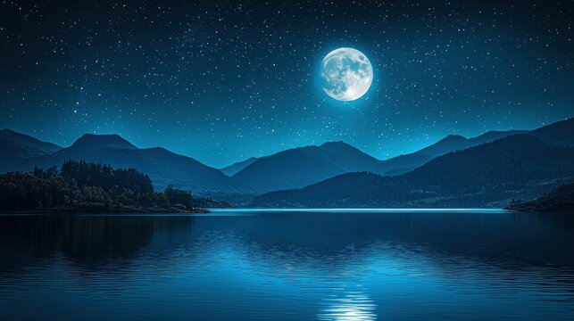 Moonlit lake nestled in mountains under a starry sky