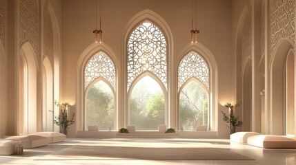 Obraz premium Spacious, sunlit interior with arched windows