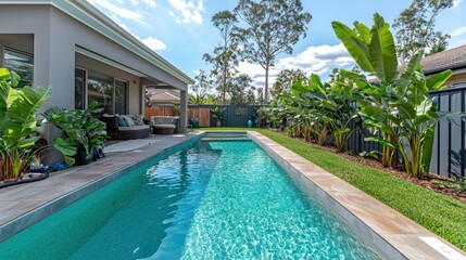 Modern pool house with tranquil backyard