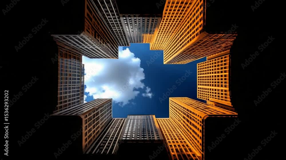 Aufkleber urban oasis: skyscrapers frame a view of the sky with a single cloud, creating a sense of wonder and