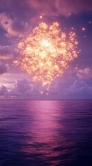 Fireworks over calm ocean sunset