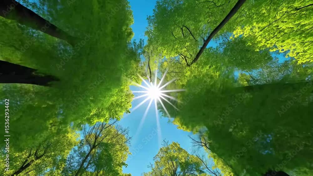 Poster sunlight breaking through tree canopy creates a serene view in nature during a seamless timelapse, s