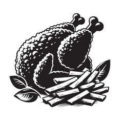 Black Fried Chicken Silhouette Vector, High Quality Illustration on White Background