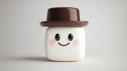 Cute marshmallow character wearing a chocolate hat, smiling on a neutral background