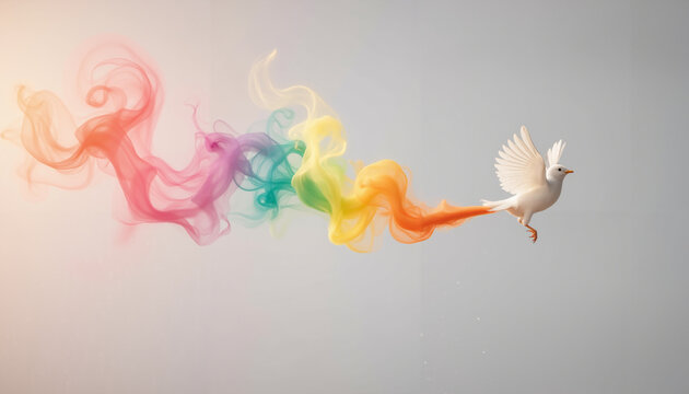 White dove flying with colorful smoke trail against grey background  