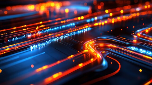 Abstract Technology Background with Bright Neon Lights and Colorful Light Trails in Dynamic Motion